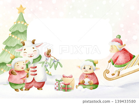 Christmas cartoon greeting card template with hand drawn animal characters. Watercolor horizontal A4 or A5 print illustration with copy space. Cute winter lambs and goats with fir trees, gifts, snow Christmas cartoon greeting card template with hand drawn animal characters. Watercolor horizontal A4 or A5 print illustration with copy space. Cute winter lambs and goats with fir trees, gifts, snow 139433580