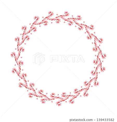 White red candy canes watercolor round frame for sweet Christmas designs. Hand drawn holiday candies circle wreath template for Happy New Year stickers, plates and labels in simple style White red candy canes watercolor round frame for sweet Christmas designs. Hand drawn holiday candies circle wreath template for Happy New Year stickers, plates and labels in simple style 139433582
