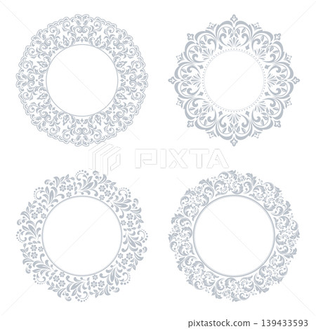 Set of decorative frames Elegant vector element for design in Eastern style, place for text. Floral gray and white frames. Lace illustration for invitations and greeting cards Set of decorative frames Elegant vector element for design in Eastern style, place for text. Floral gray and white frames. Lace illustration for invitations and greeting cards 139433593