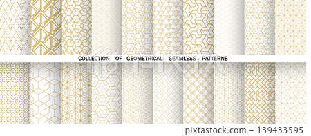 Geometric set of seamless golden and white patterns. Simple vector graphics Geometric set of seamless golden and white patterns. Simple vector graphics 139433595
