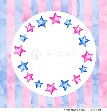 Watercolor circular frame featuring pink and blue stars on a striped textured base. Hand drawn gender reveal border perfect for baby shower invitations, announcements, and nursery holiday decor. Watercolor circular frame featuring pink and blue stars on a striped textured base. Hand drawn gender reveal border perfect for baby shower invitations, announcements, and nursery holiday decor. 139433910