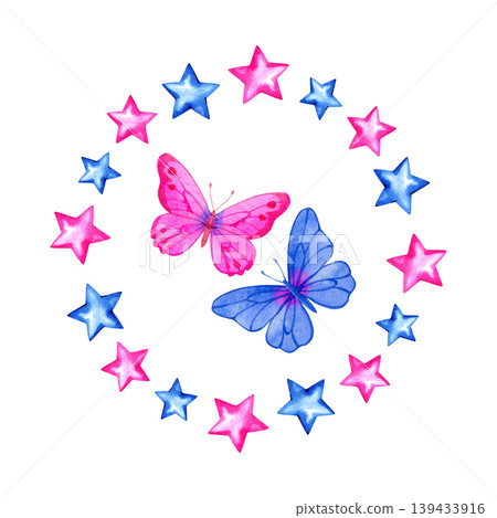 Hand drawn watercolor illustration of two vibrant butterflies, pink and blue, encircled by a magical ring of glowing stars. Enchanting ethereal design perfect for nursery decor and fairy tales. 139433916
