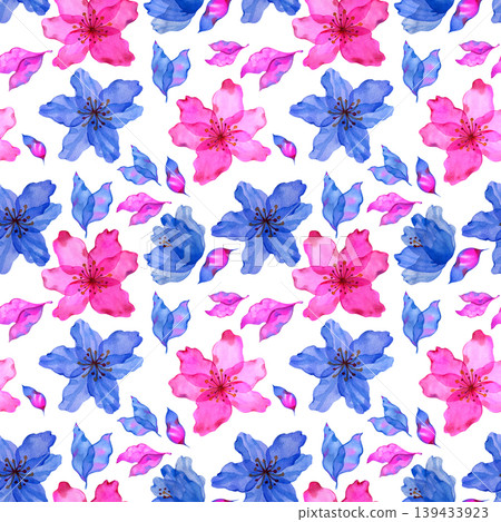 Vibrant watercolor seamless pattern featuring pink and blue hand drawn flowers and petals. Elegant floral illustration perfect for spring textiles, romantic wedding stationery, and nursery decor. Vibrant watercolor seamless pattern featuring pink and blue hand drawn flowers and petals. Elegant floral illustration perfect for spring textiles, romantic wedding stationery, and nursery decor. 139433923