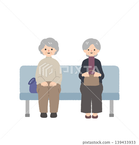 老年婦女在長椅上排隊等候的插圖 | 候診室、接待區、公共設施 老年婦女在長椅上排隊等候的插圖 | 候診室、接待區、公共設施 139433933