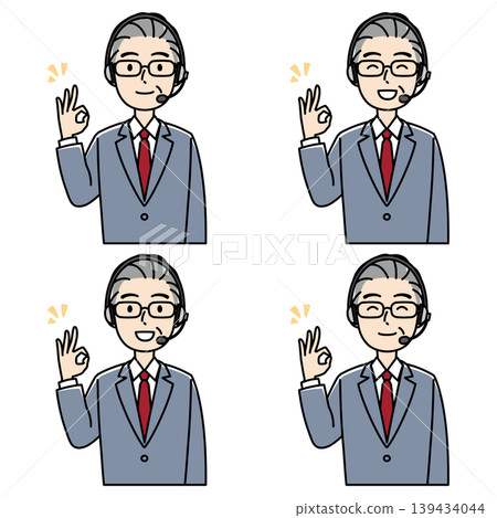 插圖描繪了一位經驗豐富的男性電話接線員微笑地比出「OK」手勢。 139434044