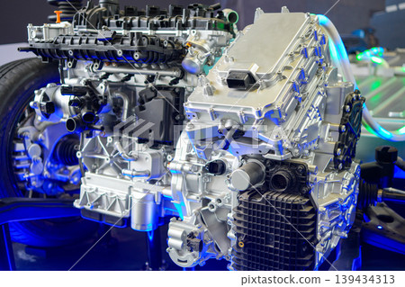 Hybrid car engine and chassis module with electric motor components modern automotive technology 139434313