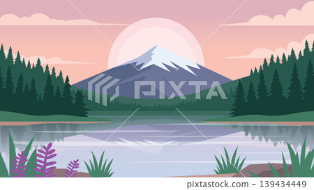 Lavender Evening Lake Flat Design Illustration Landscape 139434449