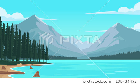 Wide Valley Lake Flat Design Illustration Landscape Wide Valley Lake Flat Design Illustration Landscape 139434452