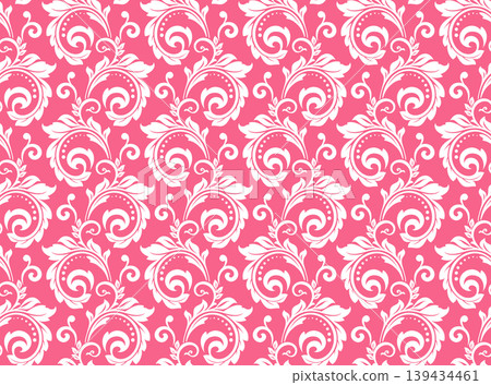 Wallpaper in the style of Baroque. White and pink floral ornament. Seamless vector background. Graphic pattern for fabric, wallpaper, packaging. Ornate Damask flower illustration Wallpaper in the style of Baroque. White and pink floral ornament. Seamless vector background. Graphic pattern for fabric, wallpaper, packaging. Ornate Damask flower illustration 139434461