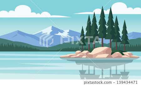Rocky Edge Lake Flat Design Illustration Scene Rocky Edge Lake Flat Design Illustration Scene 139434471