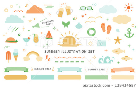 Summer illustration set: seaside, beach, vacation, summer holidays, decoration, travel, tropical, swimming, midsummer, August Summer illustration set: seaside, beach, vacation, summer holidays, decoration, travel, tropical, swimming, midsummer, August 139434687
