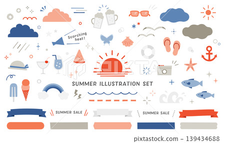 Summer illustration set: seaside, beach, vacation, summer holidays, decoration, travel, tropical, swimming, midsummer, August Summer illustration set: seaside, beach, vacation, summer holidays, decoration, travel, tropical, swimming, midsummer, August 139434688