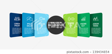 Modern business infographic template with colorful cards around a central circle, icons for presentations. Vector illustration. 139434854