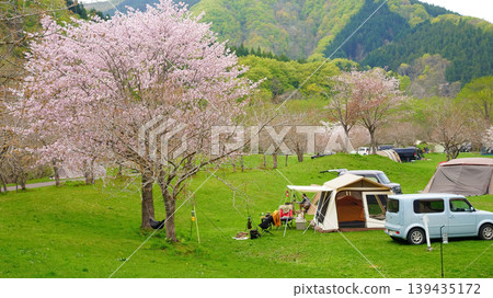 Hokuto City, Hokkaido: Yunosawa Waterfront Park - Cherry blossoms and people relaxing at the campsite. Hokuto City, Hokkaido: Yunosawa Waterfront Park - Cherry blossoms and people relaxing at the campsite. 139435172