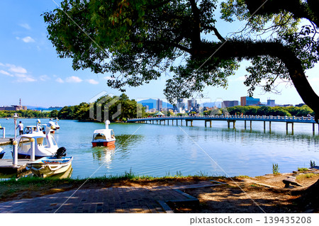 【福岡】初夏的大濠公園:池塘上漂浮天鵝船,遠處是關月橋。 【福岡】初夏的大濠公園:池塘上漂浮天鵝船,遠處是關月橋。 139435208