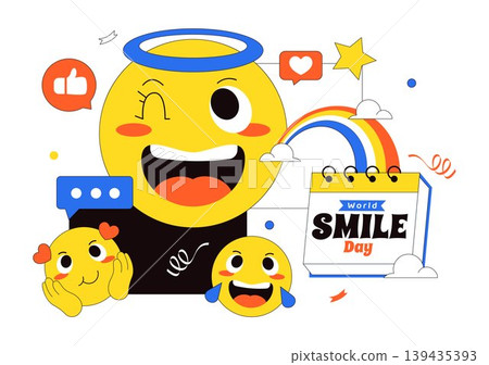 World Smile Day Vector Illustration Featuring Cute Emoji Expressions, Happiness Celebration, Social Media Reactions, And Fun Cartoon Character Design World Smile Day Vector Illustration Featuring Cute Emoji Expressions, Happiness Celebration, Social Media Reactions, And Fun Cartoon Character Design 139435393