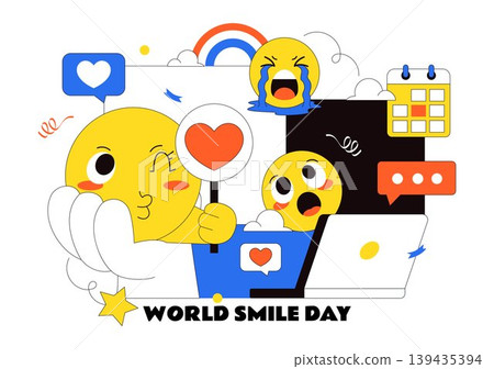 World Smile Day Vector Illustration Featuring Cute Emoji Expressions, Happiness Celebration, Social Media Reactions, And Fun Cartoon Character Design World Smile Day Vector Illustration Featuring Cute Emoji Expressions, Happiness Celebration, Social Media Reactions, And Fun Cartoon Character Design 139435394
