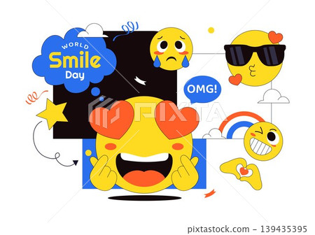 World Smile Day Vector Illustration Featuring Cute Emoji Expressions, Happiness Celebration, Social Media Reactions, And Fun Cartoon Character Design World Smile Day Vector Illustration Featuring Cute Emoji Expressions, Happiness Celebration, Social Media Reactions, And Fun Cartoon Character Design 139435395
