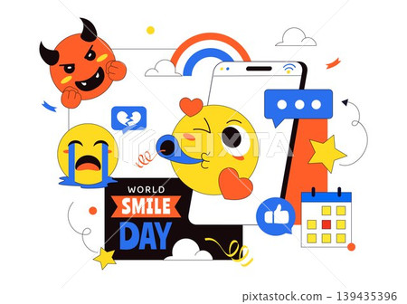 World Smile Day Vector Illustration Featuring Cute Emoji Expressions, Happiness Celebration, Social Media Reactions, And Fun Cartoon Character Design 139435396