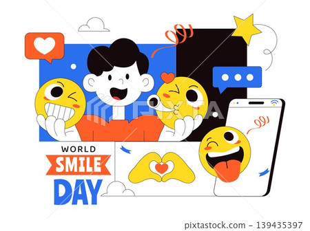 World Smile Day Vector Illustration Featuring Cute Emoji Expressions, Happiness Celebration, Social Media Reactions, And Fun Cartoon Character Design World Smile Day Vector Illustration Featuring Cute Emoji Expressions, Happiness Celebration, Social Media Reactions, And Fun Cartoon Character Design 139435397
