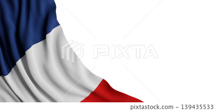 French flag waving isolated on white background with luxury fabric texture and copy space 3D render French flag waving isolated on white background with luxury fabric texture and copy space 3D render 139435533