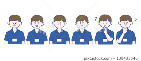 Male staff members in polo shirts, with various expressions. 139435546