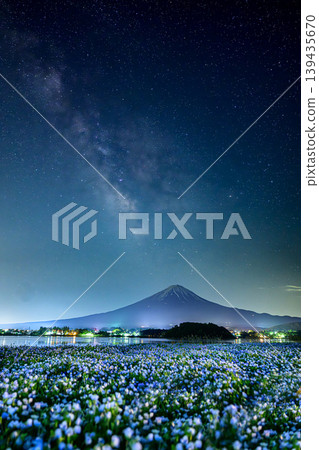 河口湖大石公園的粉蝶花田和橫跨富士山頂峰的銀河。 河口湖大石公園的粉蝶花田和橫跨富士山頂峰的銀河。 139435670