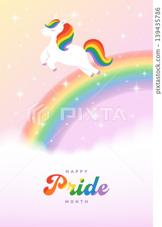 Background illustration of a rainbow floating in the sky and a rainbow-colored unicorn. Background illustration of a rainbow floating in the sky and a rainbow-colored unicorn. 139435786