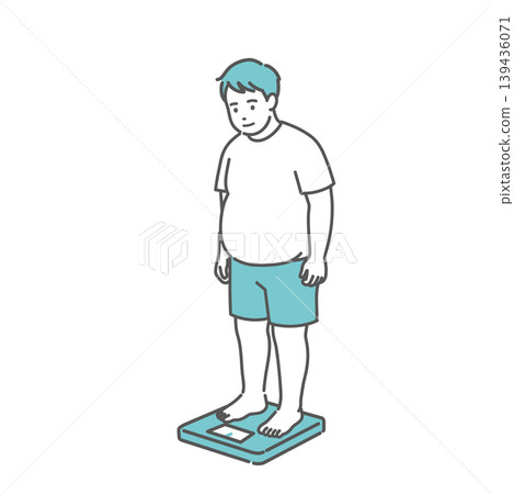 Illustration of an adult male (obese) having his weight measured. 139436071