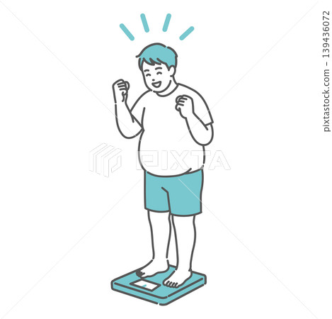 An illustration of an overweight adult man happily weighing himself. An illustration of an overweight adult man happily weighing himself. 139436072