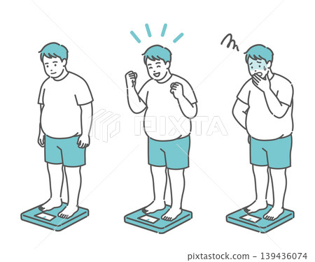 一組成年男性稱體重的插圖(體型肥胖,3 種面部表情)。 一組成年男性稱體重的插圖(體型肥胖,3 種面部表情)。 139436074
