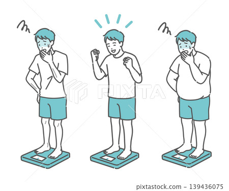 A set of illustrations depicting three different body types of adult men reacting with joy or disappointment to their weight measurement results (thin, average, and obese). A set of illustrations depicting three different body types of adult men reacting with joy or disappointment to their weight measurement results (thin, average, and obese). 139436075
