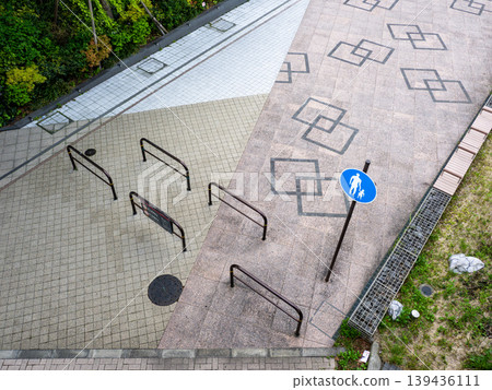 Pedestrian-only road sign and aerial view of the promenade. 139436111