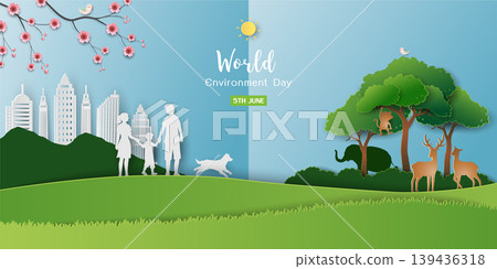 Poster campaign of world environment day,modern city life balance between nature on paper art background 139436318