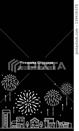 一幅線條簡潔有力的城市景觀和煙火插圖;單色,垂直 16:9 寬高比。 一幅線條簡潔有力的城市景觀和煙火插圖;單色,垂直 16:9 寬高比。 139436378