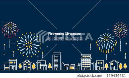 Simple, thick-lined cityscape and fireworks night sky background illustration (16:9 landscape aspect ratio) Simple, thick-lined cityscape and fireworks night sky background illustration (16:9 landscape aspect ratio) 139436381