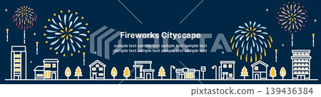 簡潔粗線條的城市景觀和煙火夜空背景插圖（網頁橫幅） 139436384