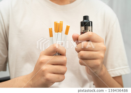 Man holding electronic cigarettes, no smoking. Man holding electronic cigarettes, no smoking. 139436486