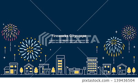 簡潔的細線城市景觀和煙火夜空背景插圖（16:9 橫向寬高比） 139436504