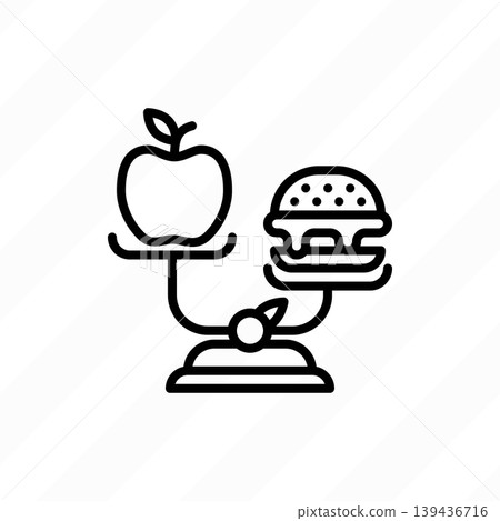 Unbalanced diet: scales with hamburger and apple. Unhealthy food.  139436716