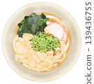 A realistic overhead illustration of "Tenkasu Udon" (also known as Haikara Udon or Tanuki Udon). 139436755