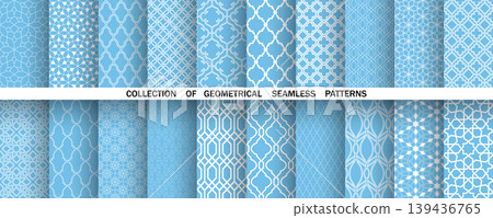 Geometric set of seamless blue and white patterns. Simple vector graphics Geometric set of seamless blue and white patterns. Simple vector graphics 139436765