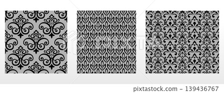 Geometric floral set of seamless patterns. Gray and black vector backgrounds. Damask graphic ornaments Geometric floral set of seamless patterns. Gray and black vector backgrounds. Damask graphic ornaments 139436767
