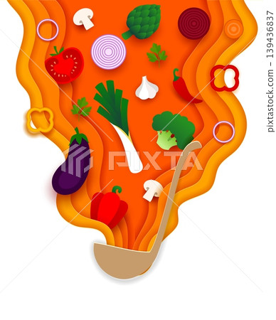 Paper cut cooking banner, health nutrition concept, healthy cooking and plant based cuisine with vegetables broccoli, eggplant, leek, tomato, onion, pouring from a ladle in a layered papercut frame Paper cut cooking banner, health nutrition concept, healthy cooking and plant based cuisine with vegetables broccoli, eggplant, leek, tomato, onion, pouring from a ladle in a layered papercut frame 139436837