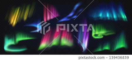 Northern polar aurora borealis light at night sky. Realistic vector green, blue, yellow, red and purple luminous curtains and ribbons. Arctic or Alaska aurora borealis, natural glowing space phenomena Northern polar aurora borealis light at night sky. Realistic vector green, blue, yellow, red and purple luminous curtains and ribbons. Arctic or Alaska aurora borealis, natural glowing space phenomena 139436839