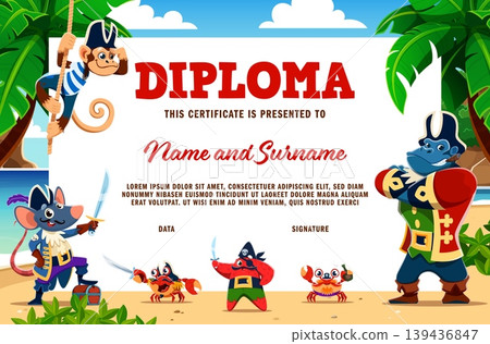 Kids diploma certificate with funny animal pirates and corsair sailors on tropical beach with palm trees and treasure chest. Vector children award, party celebration frame with monkey, crab and mouse Kids diploma certificate with funny animal pirates and corsair sailors on tropical beach with palm trees and treasure chest. Vector children award, party celebration frame with monkey, crab and mouse 139436847