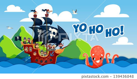 Sail ship with kids pirates at paper cut sea waves with giant octopus kraken. Cartoon children corsairs crew sail a ship with black skull sails past green Caribbean tropical islands in fun adventure Sail ship with kids pirates at paper cut sea waves with giant octopus kraken. Cartoon children corsairs crew sail a ship with black skull sails past green Caribbean tropical islands in fun adventure 139436848