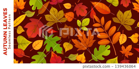 Autumn leaves seamless pattern, fall foliage background. Cartoon red, orange, yellow and green foliage scattered across brown backdrop. Seasonal cozy, festive tile with forest tree plants for print 139436864