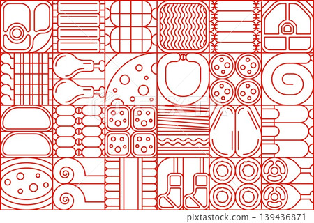 Modern geometric meat Bauhaus pattern. Meat roasting BBQ Bauhaus red backdrop, butchery shop wrapping paper background. Geometric shapes pattern with steak and sausages, grill grate and skewer Modern geometric meat Bauhaus pattern. Meat roasting BBQ Bauhaus red backdrop, butchery shop wrapping paper background. Geometric shapes pattern with steak and sausages, grill grate and skewer 139436871