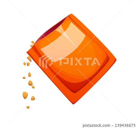 Cartoon yeast packet with orange pouch and small granules spilling from the corner. Vector cooking process kitchen scene showing dry yeast and preparation moment of homemade bakery or pastry recipe Cartoon yeast packet with orange pouch and small granules spilling from the corner. Vector cooking process kitchen scene showing dry yeast and preparation moment of homemade bakery or pastry recipe 139436875